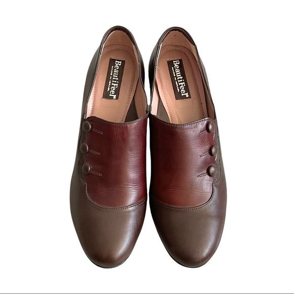 BEAUTIFEEL Leather Slip On Shoes With Small Heel Side Buttons Brown Burgundy 39 - Picture 5 of 11